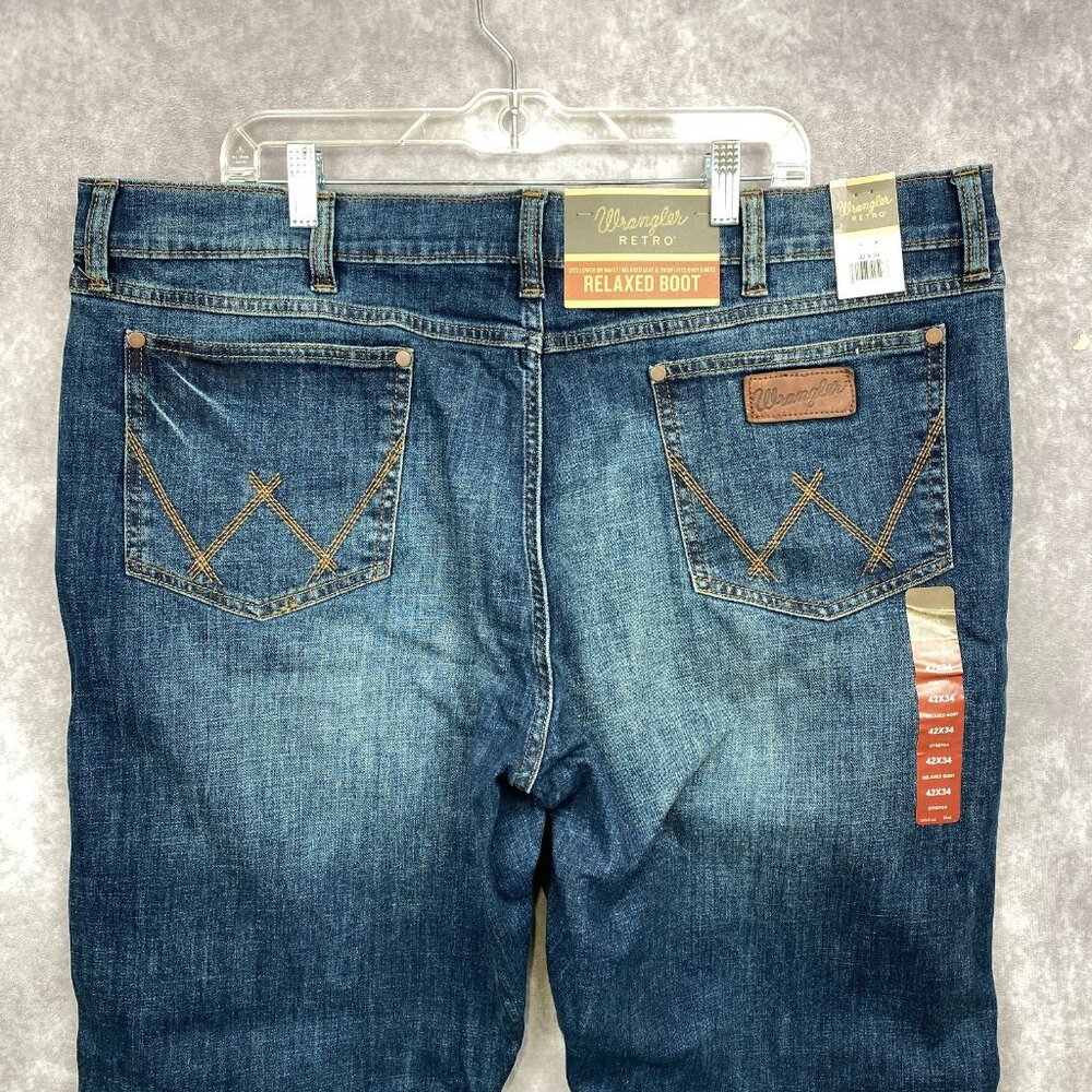 Wrangler Retro  Relaxed Boot Cut Jeans Mens 42x34 Blue Dark Faded Wash New NWT - Picture 6 of 13